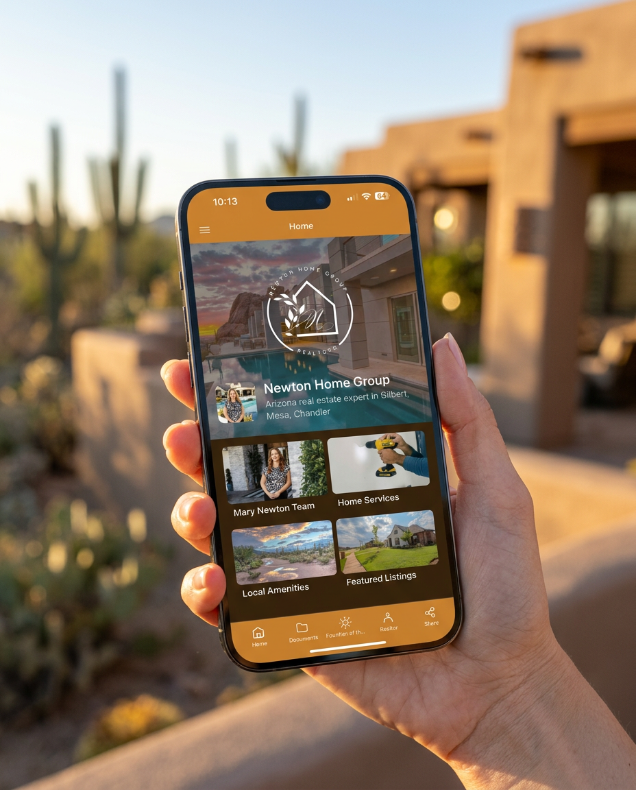 Hand holding an iPhone showing the Newton Home Group app home screen